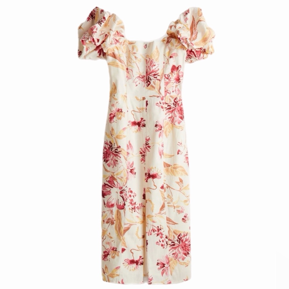 NWT H&M Linen Blend Floral Off the Shoulder A-Line Midi Dress Women's Size XS